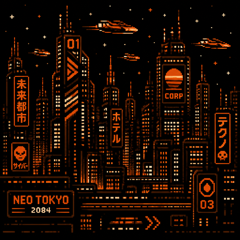 8-bit pixel art futuristic AI cityscape in black, dark orange, and cream — neon skyline, flying vehicles, retro arcade aesthetic.